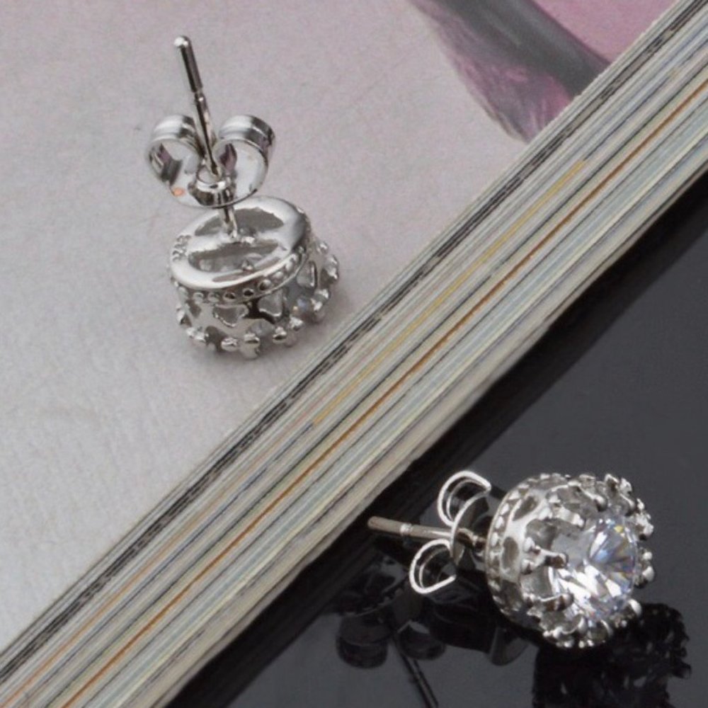 NEW 4 TCW Solitaire Diamond 925 Silver Crown Studs - Picture 6 of 7